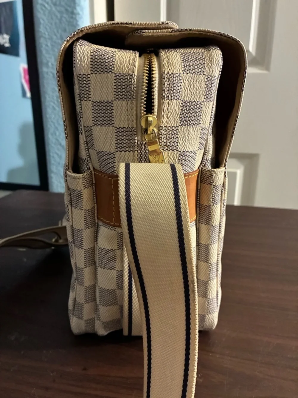 Checked Canvas Crossbody Messenger Bag in Beige and Brown